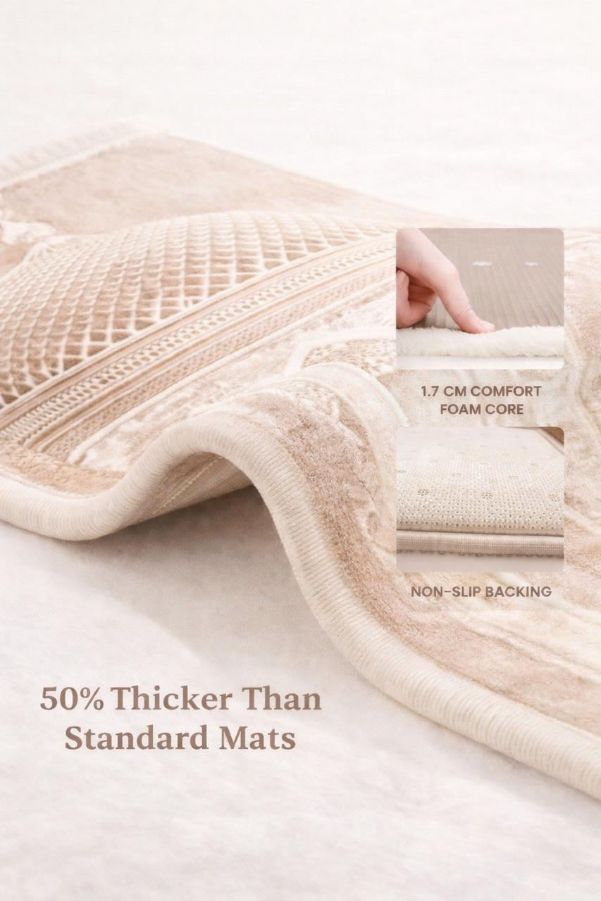 Beige textured mat with hand holding it, showing its thickness and features.