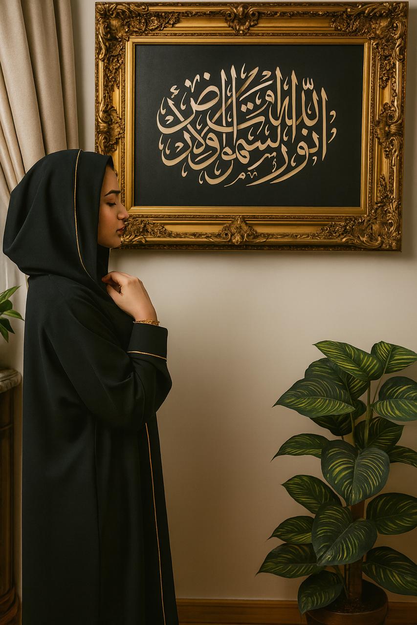 Elegant Black Prayer Abaya with Gold Trim