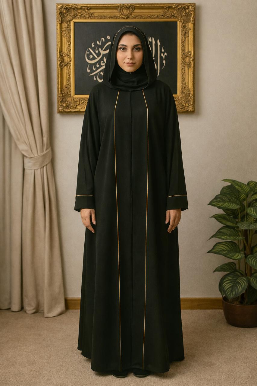 Elegant Black Prayer Abaya with Gold Trim