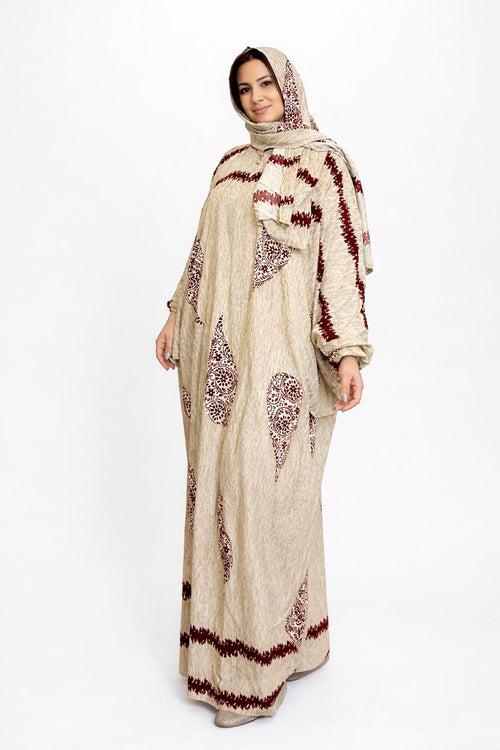 Beige Printed Dress with Hood – Lightweight Khimar Abaya