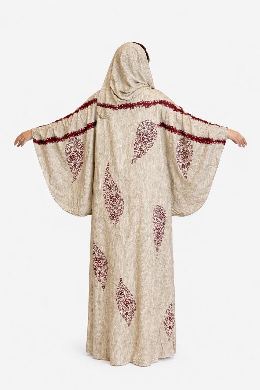 Beige Printed Dress with Hood – Lightweight Khimar Abaya
